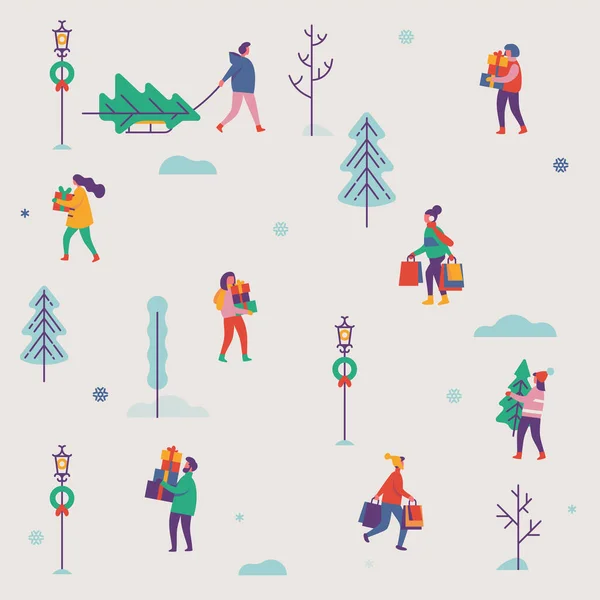Kış Tatilinde Basit Yumuşak Renkli Desenler Noel Arifesinde Soyut Insanların — Stok Vektör