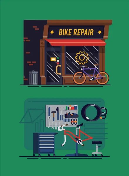 自転車修理店の外観と特別な修理機器 楽器やハードウェアと内部のクールなベクトルイラスト 自転車整備士の職場 — ストックベクタ