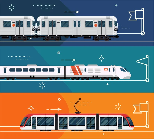 鉄道輸送地下鉄列車と水平バナーテンプレートのセット 高速列車を表現し 都市エリア近代的な路面電車 — ストックベクタ