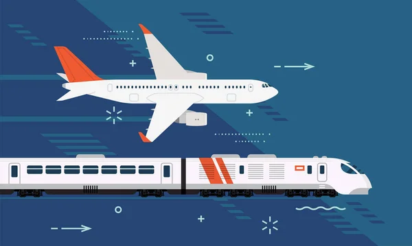 旅游目的地 乘坐飞机或高速快车旅行 空运和铁路旅行选择 抽象背景下的客运设计要素 客机和现代列车 — 图库矢量图片