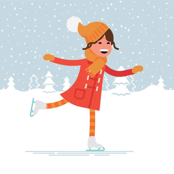 Cute Girl Ice Skating Winter Snowy Landscape Vector Quality Character — Stock Vector