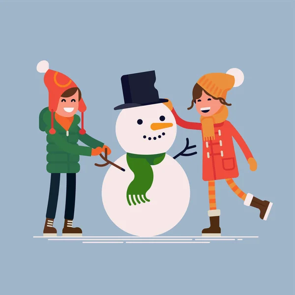 Jongen Meisje Maken Sneeuwpop Vector Kwaliteit Karakter Ontwerp Wintervakantie Seizoen — Stockvector