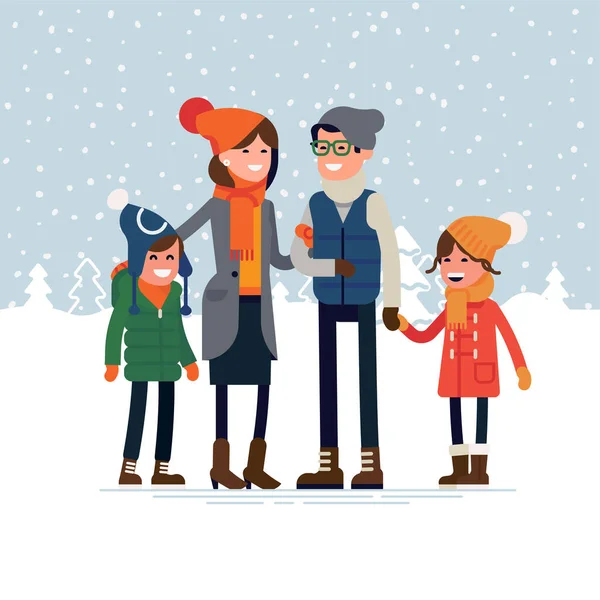 雪の冬の屋外で一緒に立っている子供たちと親 冬の屋外アクティビティのための幸せな家族ベクトルフラットデザインイラスト — ストックベクタ