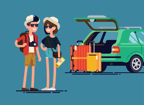 一对年轻的旅行夫妇准备上路 站在他们的汽车旁边 带着打开的行李箱和行李箱 汽车旅行质量平面矢量图解 — 图库矢量图片