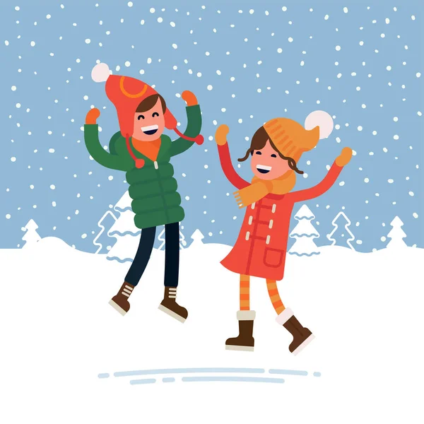 Happy Winter Kids Playing Outdoors Snow Vector Flat Character Design — Stock Vector