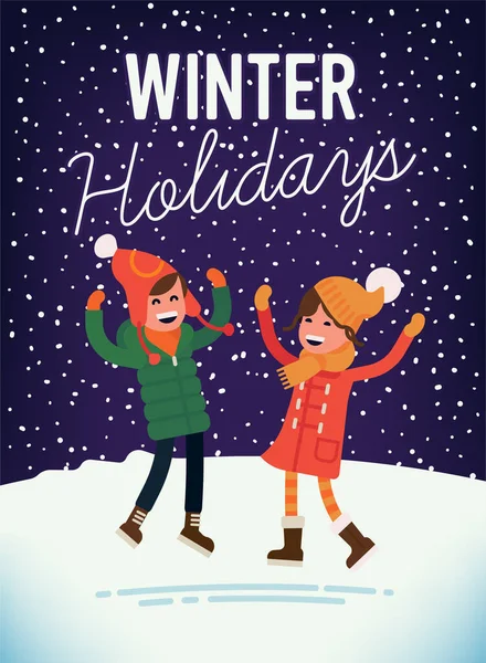 Lovely Winter Holidays Vector Illustration Happy Kids Jumping Snowfall Wearing — Stock Vector