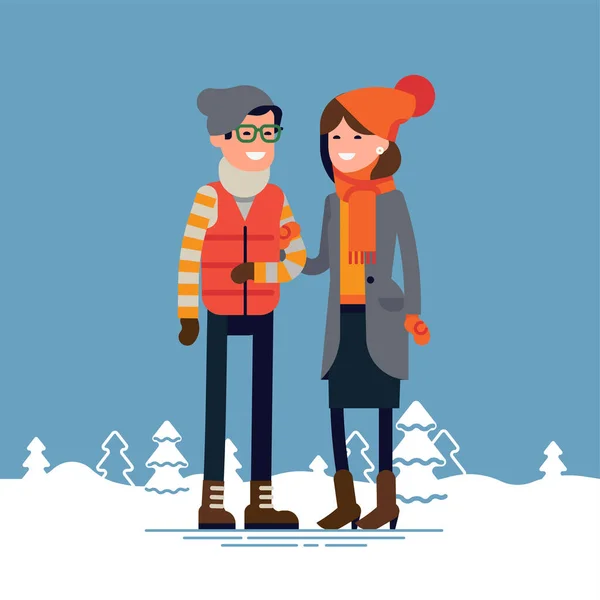 Mooie Platte Design Illustratie Jonge Volwassen Heteroseksuele Paar Winter Kleding — Stockvector