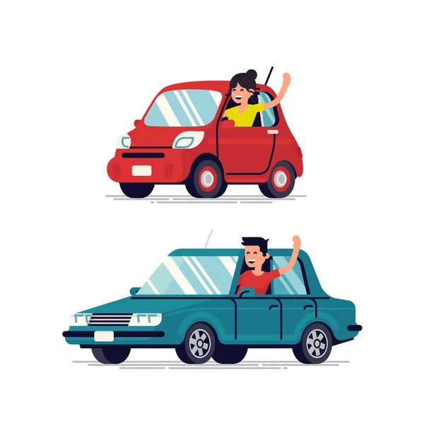 Gente Feliz Conduciendo Autos Saludando Con Las Manos Cool Vector — Archivo Imágenes Vectoriales