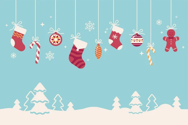 圣诞节平面矢量背景 雪堆和传统的冬季假期装饰 装饰品和元素 — 图库矢量图片