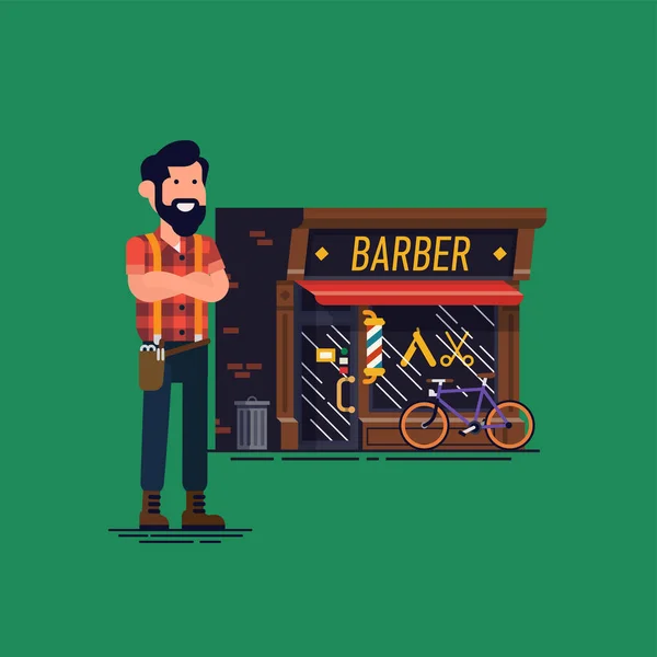 Barber Winkel Eigenaar Vector Platte Karakter Ontwerp Zelfverzekerde Lokale Kleine — Stockvector