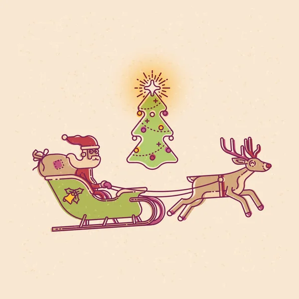 Вінтажний Вигляд Моно Ваги Лінійної Ілюстрації Різдво Санта Клаусом Санях — стоковий вектор