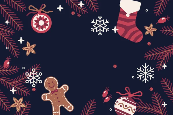 Vetor Horizontal Fundo Temporada Férias Inverno Com Enfeites Tradicionais Natal — Vetor de Stock