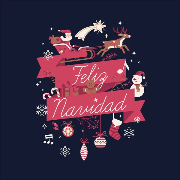 由圣诞老人 姜饼人和其他传统的寒假装饰品组成的带着快乐圣诞祝福的可爱的矢量圣诞装饰品 — 图库矢量图片