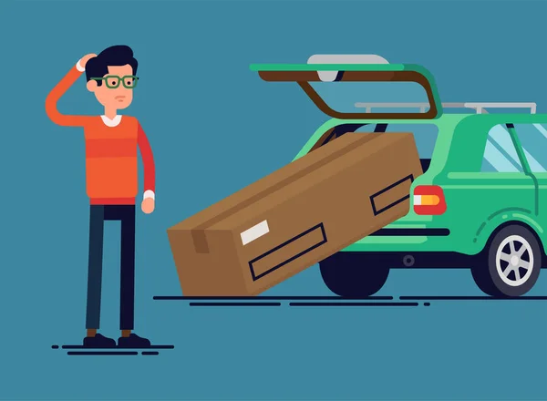 Confused man failed to load large box into car trunk. Vector flat character design on discouraged individual with oversized box that does not fit into his station wagon trunk — Stock Illustration Confused Man Failed Load Large Box Car Trunk Vector Flat Stock Vector
