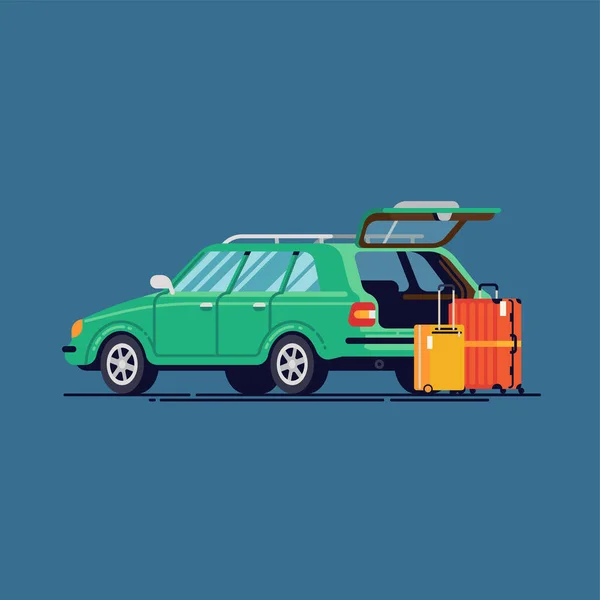 Cool vector flat design illustration on travel and transportation with station wagon car with open trunk and suit cases — Stock Illustration Cool Vector Flat Design Illustration Travel Transportation Station Wagon Car Royalty Free Stock Vectors