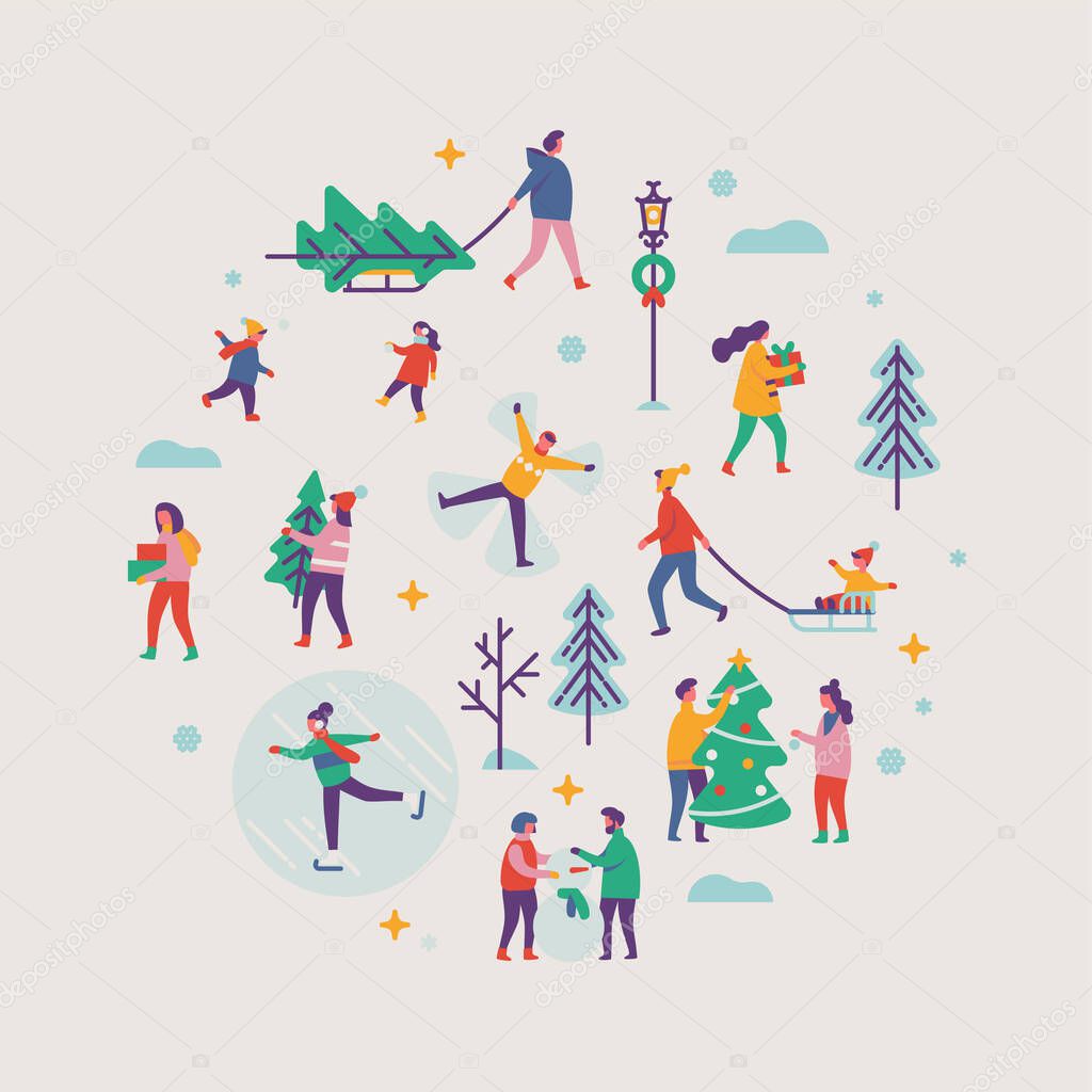 Vector winter season round shaped design element on Xmas holidays outdoor activities. Abstract people making snowman, carrying xmas trees on sleigh, carrying gift boxes, ice skating, playing, etc.