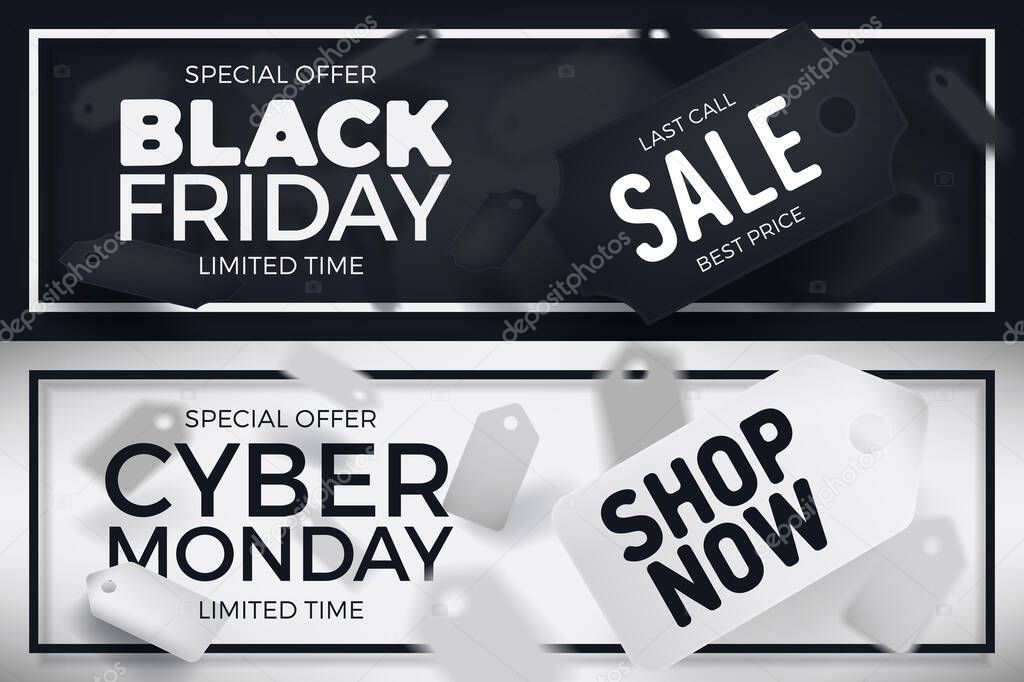 Set of Black Friday and Cyber Monday promotional banner templates. Vector Winter holiday season marketing sale campaign visuals with realistic volumetric flying price tag