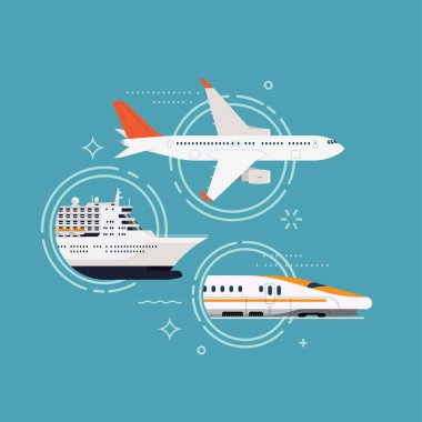 Güzel seyahat seti ve yolcu taşıma simgeleri. Uçak uçağı, transatlantik yolcu gemisi ve yüksek hızlı modern mermi treni.