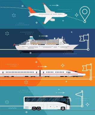 Uçakla, trenle, okyanus gemisiyle ya da otobüsle seyahat eden havalı bir vektör düz tasarım şablonu seti. Değişik ulaşım türleri üzerine çizimler. Seyahat yerleri ve turistik rotalar