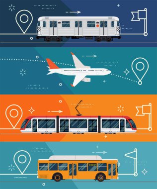 Metro vagonu, uçak uçağı, tramvay ve otobüsle kısa ve uzun mesafeli taşımada yatay afiş şablonları. Cool vektör seyahati veya yolcu taşıma temalı çizimler