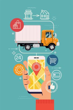 Mobil aygıt kullanılarak post servis takibi için vektör düz tasarım. Paket sevkiyatı veya sipariş teslimat konsepti çizimi