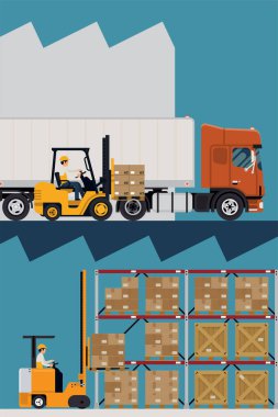 İş ve endüstri için büyük bir depolama ve lojistik hizmet tesisi. Depo, forkliftler ve kargo tırı römorkunda konsept düz tasarım çizimi