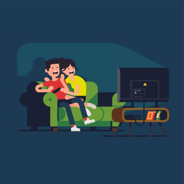 Evde korku filmi izleyen genç bir çift. Genç yetişkin bir adam ve kadının dizaynında harika bir vektör tasarımı. Kanepede oturup gerilim filmi veya büyük bir televizyonda korku filmi izliyorlar.