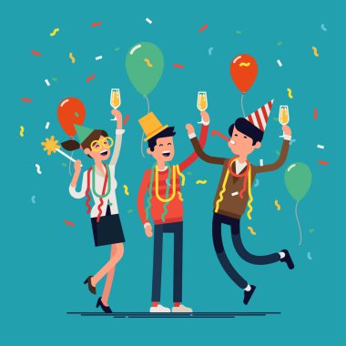 İnsanlar kutlama yapıyor. Yeni yılda ya da doğum günü partisinde erkek ve kadın karakterlerin eğlenip kadeh kaldırdığı havalı vektör düz karakter tasarımı.
