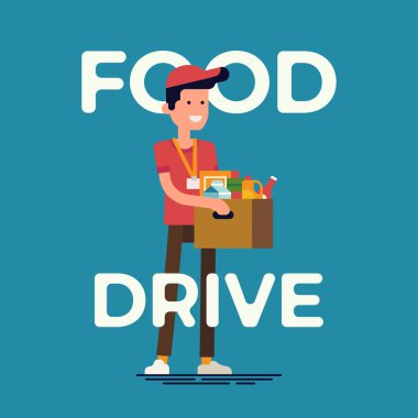 Yiyecek ve bakkaliye dolu neşeli gönüllü kutusuyla yiyecek toplama hareketi üzerine harika bir vektör çizimi