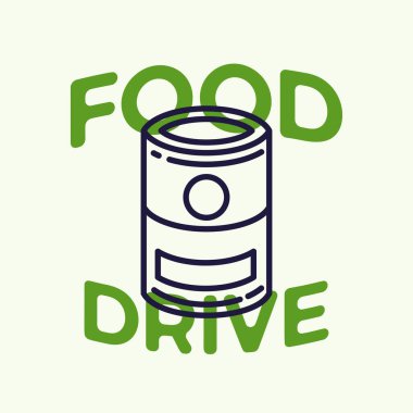'Food Drive' yardım hareketinde minimalist vektör tasarımı elementi doğrusal konserve yiyecekler ve basit harflerle