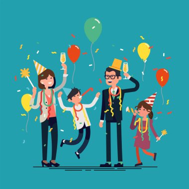 Aile kutlama partisi. Mutlu, modern bir aile üzerinde parti veren, parti şapkaları, konfeti, balonlar vs. ile zıplayan harika bir vektör karakter tasarımı..