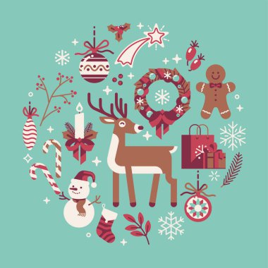 Noel ve kış tatillerinde harika bir daire kompozisyonu. Limitli turkuaz ve bordo renk şemasında Xmas yuvarlak tasarım ögesi 