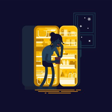 Düz vektör konsepti, yemek yeme bozukluğuyla ilgili. Kadın karakterin gece açık buzdolabının önünde durup yemek yemesi. Gece yeme sendromlu bir kadının çizgi film silueti.