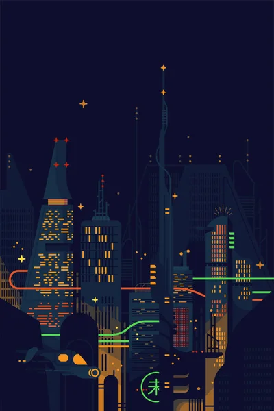 Diseño Plano Vector Fresco Ciencia Ficción Distópico Paisaje Urbano Futurista — Vector de stock