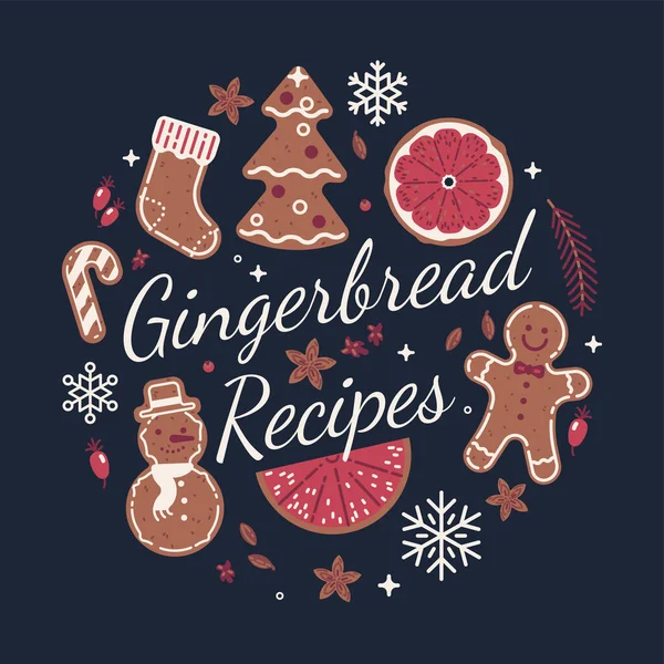 Vector Gingerbread Recipes 크리스마스 연휴의 아름다운 모양의 요소들은 Xmas Bakery — 스톡 벡터
