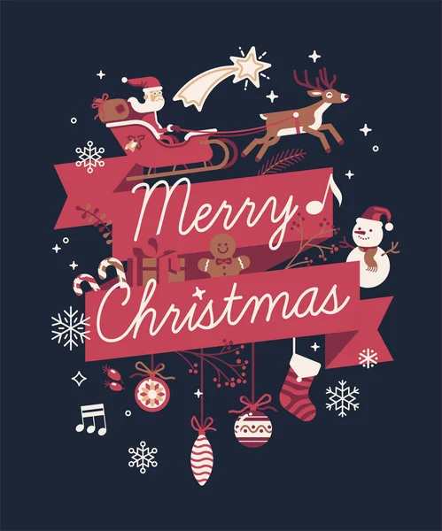 手書きの挨拶で素敵なベクトル メリークリスマス 装飾組成 サンタクロースはそり 雪だるま ジンジャーブレッドマン キャンディー ギフトボックスや他の伝統的な冬の休日の装飾品 — ストックベクタ