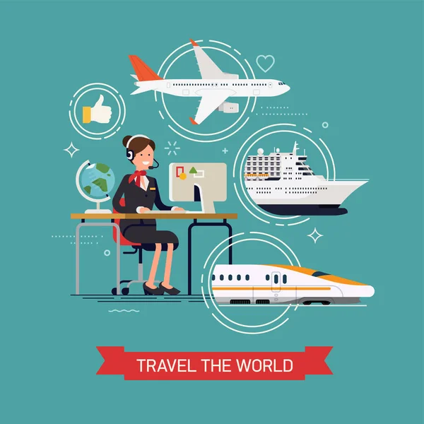 Travel World Concept Illustration Friendly Female Travel Agency Specialist Work — Stock Vector