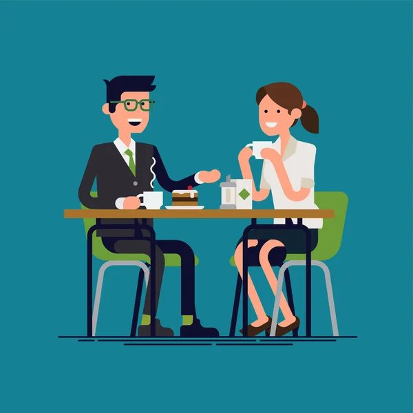 商人们正在喝咖啡休息 男女上班族在喝咖啡的时候互相交谈 同事们互相认识时 他们的视野变得平缓了 — 图库矢量图片