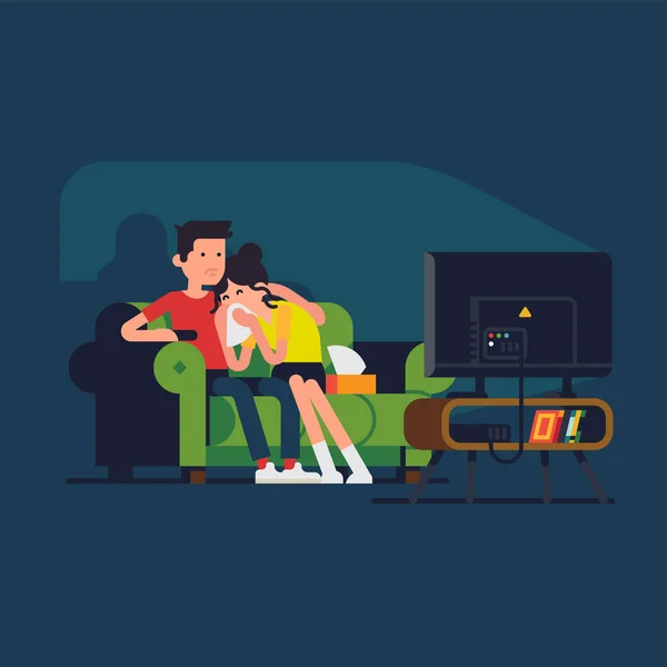 Couple Watching Sad Drama Movie Flat Vector Character Design Watching — Stock Vector