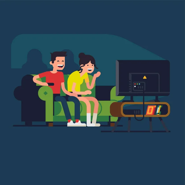 年轻夫妇在电视屏幕上看喜剧节目或滑稽的家庭电影时大笑 康乐活动的平面矢量设计 — 图库矢量图片