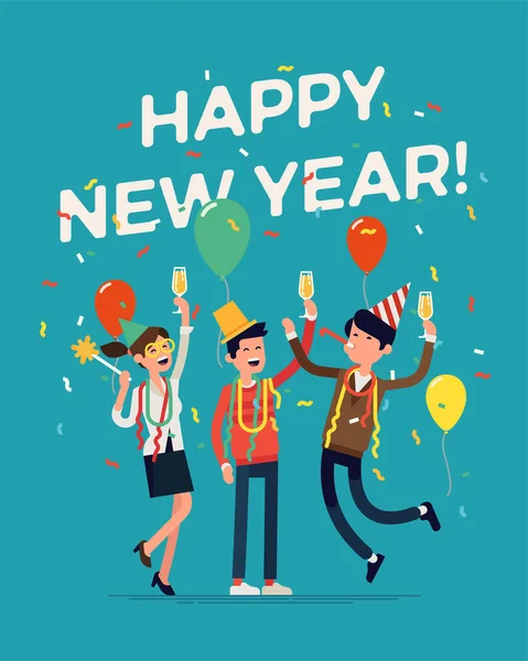新年を祝う人々のグループと幸せなフラットベクトルの概念 シャンパングラス コンフェッティとパーティー帽子で応援幸せな文字で新年パーティー — ストックベクタ