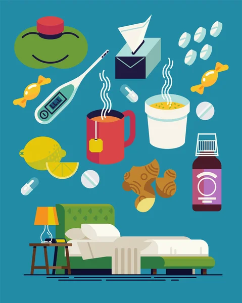 感冒战士和必有之路 感冒和流感的冷病媒项目 包括药物 热饮料 卧床休息 维生素等 流感季节平面设计图标及符号 — 图库矢量图片