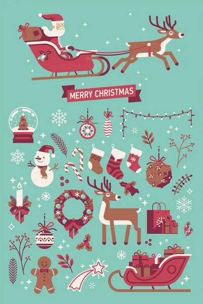 一套色彩有限的圣诞设计元素 绿松石色 白色和勃艮第色图案的圣诞节矢量图形 冬季假期海报 贺卡设计理想 — 图库矢量图片