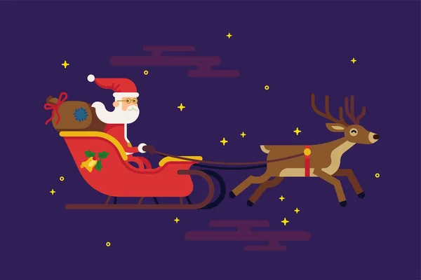 Cool Vector Santa Claus Volando Trineo Rojo Cielo Nocturno Estrellado — Vector de stock