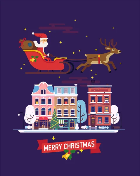Schöne Weihnachtsfeiertage Hintergrund Mit Innenstadt Schneebedeckten Straße Und Weihnachtsmann Fliegen — Stockvektor