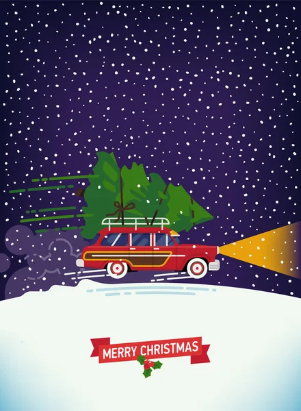 酷酷的矢量海报模板 带有文字空间的圣诞假期红色复古旅行车在降雪中飞驰而去 车顶上挂着圣诞树的大灯 冬季视觉 — 图库矢量图片