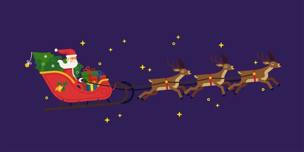 Santa Claus Červených Saních Tažených Soby Vektorové Ploché Ilustrace Vánoční — Stockový vektor