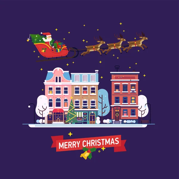 可爱的圣诞假期背景 圣诞佳节 圣诞佳节期间 圣诞老人乘坐红色雪橇飞过冬日城镇 圣诞佳节贺卡 海报或横幅图案尽收眼底 — 图库矢量图片