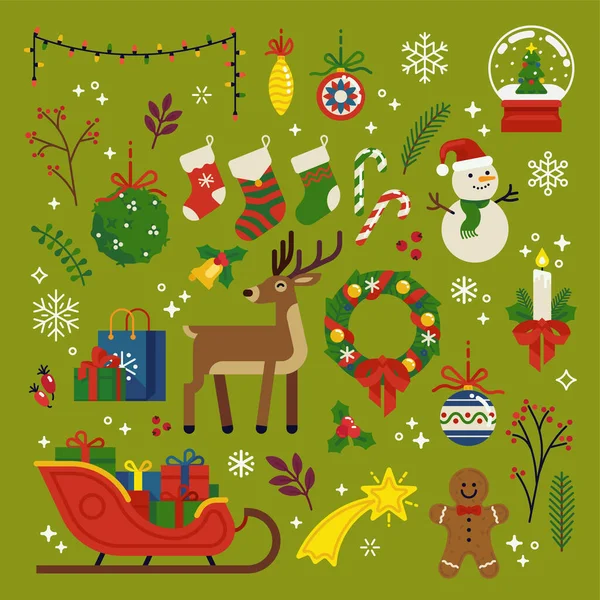 Weihnachten Gestaltungselemente Vektor Hochwertige Flache Dekorationsartikel Mit Weihnachtsschlitten Geschenken Lebkuchenmann — Stockvektor