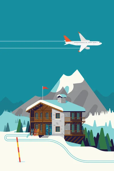 ジェット旅客機がスキーリゾートで山の上を飛んでいる高品質のベクトル風景 冬の季節旅行と休暇の目的地の背景 — ストックベクタ